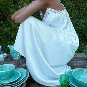 ZARA White Satin Ruched Lace Slip Midi Dress